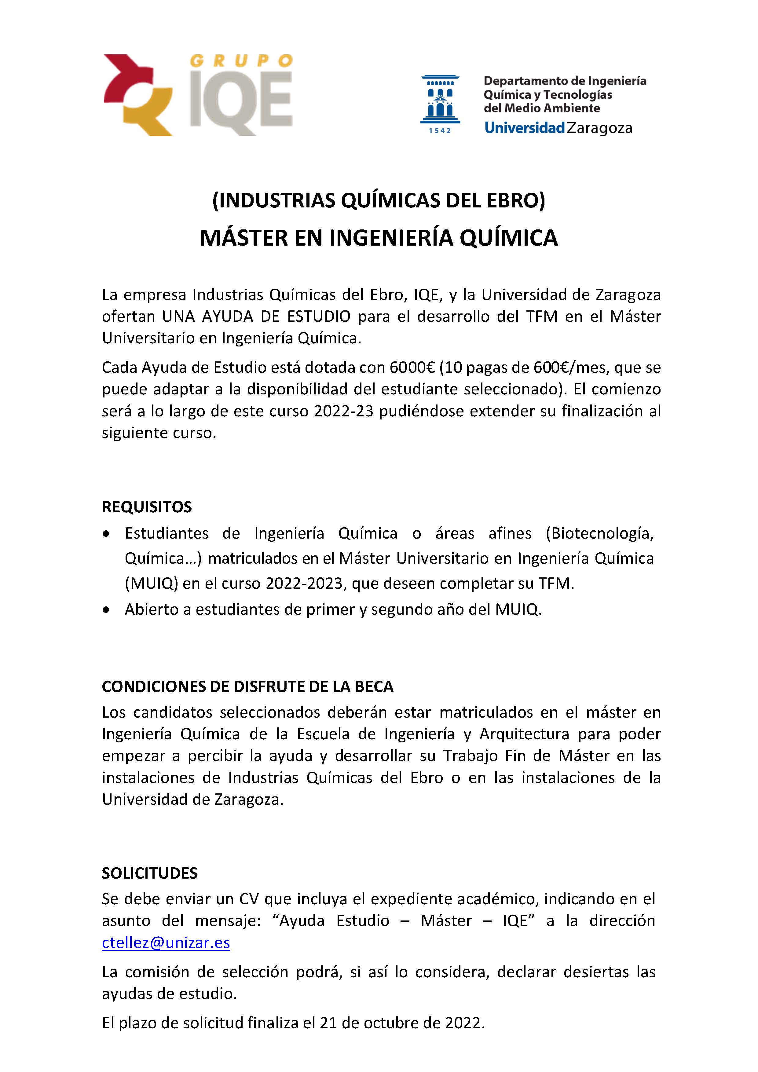 Ayuda Al Estudio De Industrias Qu Micas Del Ebro Iqe Para Cursar